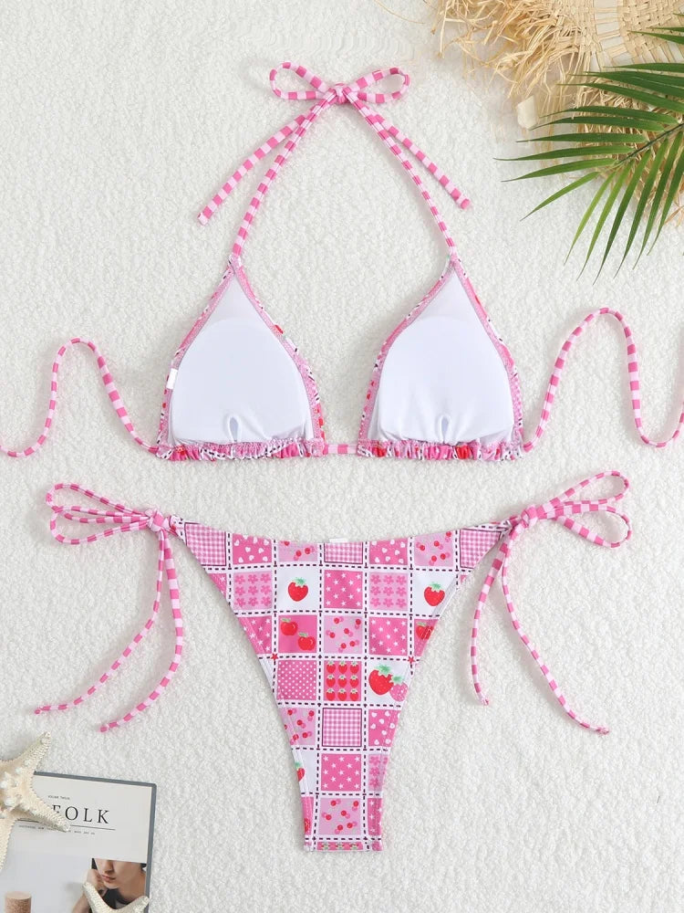 Bikini Women Swimsuit 2025 New Print Halter Bikinis Set Sexy Thong Swimwear Summer Two Piece Backless Beach Bathing Suit Female