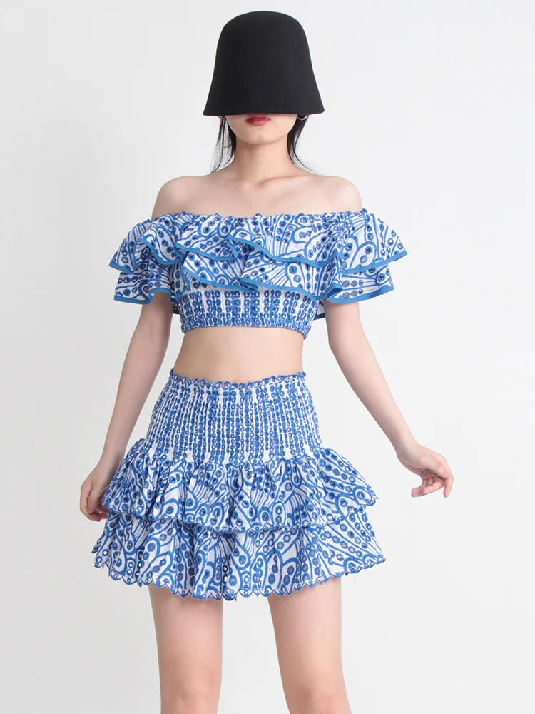 TWOTWINSTYLE Hit Color Print Casual Two Piece Sets For Women Slash Neck Short Sleeve Top High Waist Skirt Summer Set Female New