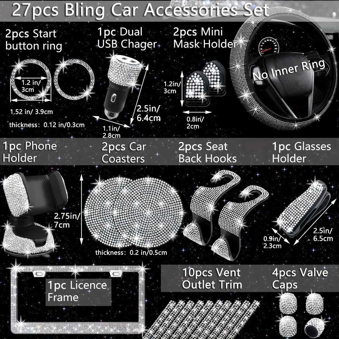 Car Accessories Set 27/4Piece Women Bling Universal Fit Polyester Steering Cover Shiny License Frame Phone Holder Coasters Tools