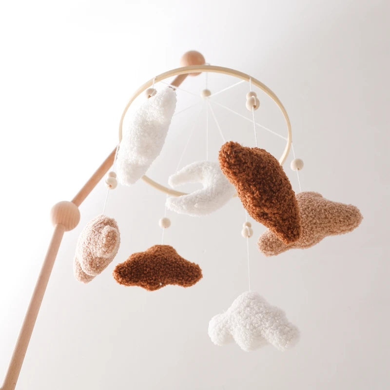 Baby Crib Mobile Bed Bell Rattle Toys Wooden Crochet Stars Pendant Bed Bell Toys Newborn Comfort Crib Bracket Hanging Toys Gifts