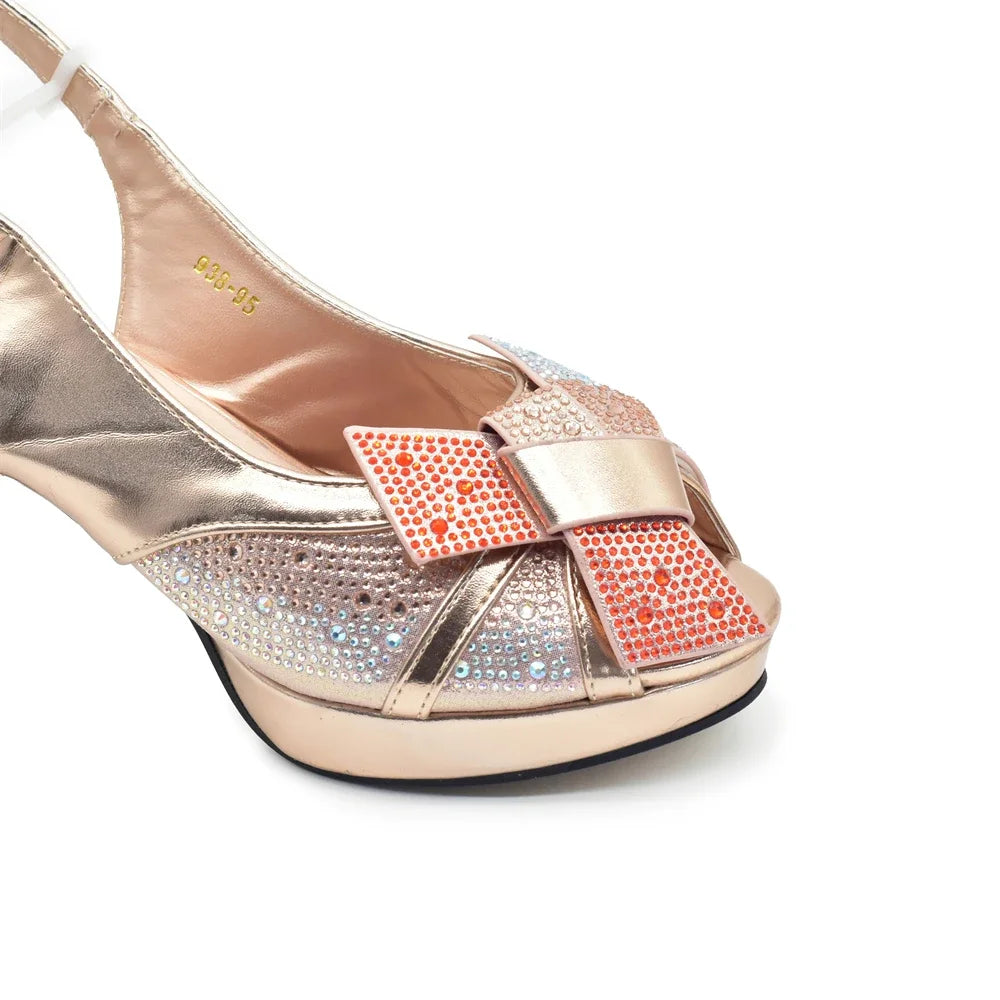 New Arrival Women Nigerian Italian Shoes and Bags Set Decorated with Rhinestone Peep Toe High Heels Women Pumps for Wedding