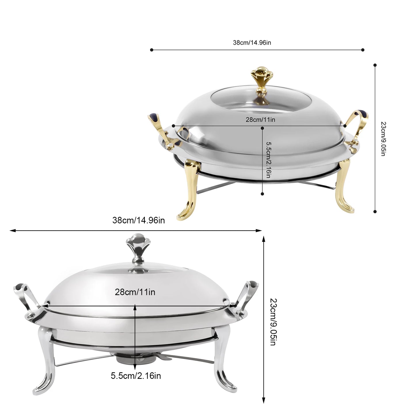 Dish Stainless Steel Cooking Round Buffet Warmer Tray Durable Frame with Lid Fuel Holder Cookware Set