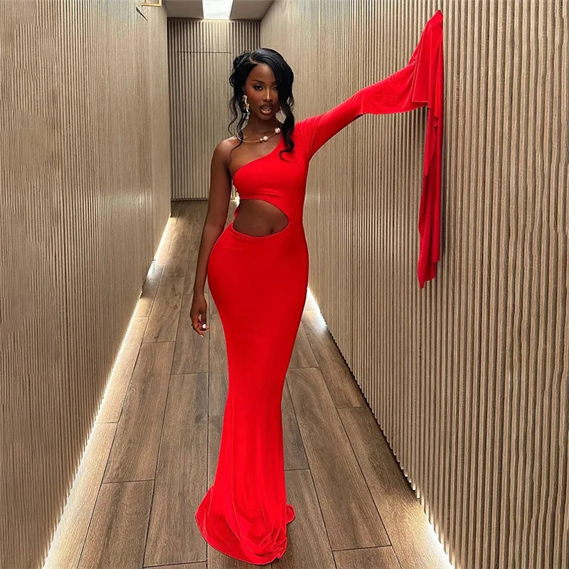 DSMTRC Solid Trend Incline Shoulder Lengthen Single Sleeve Hollow High Street Women Maxi Dress Sexy Elegant Vestidos Attirewear