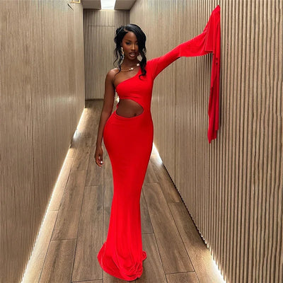 DSMTRC Solid Trend Incline Shoulder Lengthen Single Sleeve Hollow High Street Women Maxi Dress Sexy Elegant Vestidos Attirewear