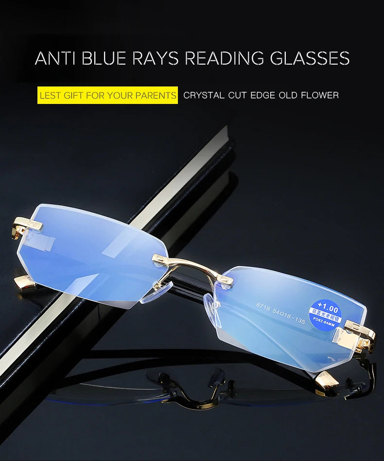 Men Blue Light Blocking Reading Glasses Women Dimond Cutting Rimless Eyeglasses Frame Anti Fatigue Hyperopia Presbyopic Eyewear