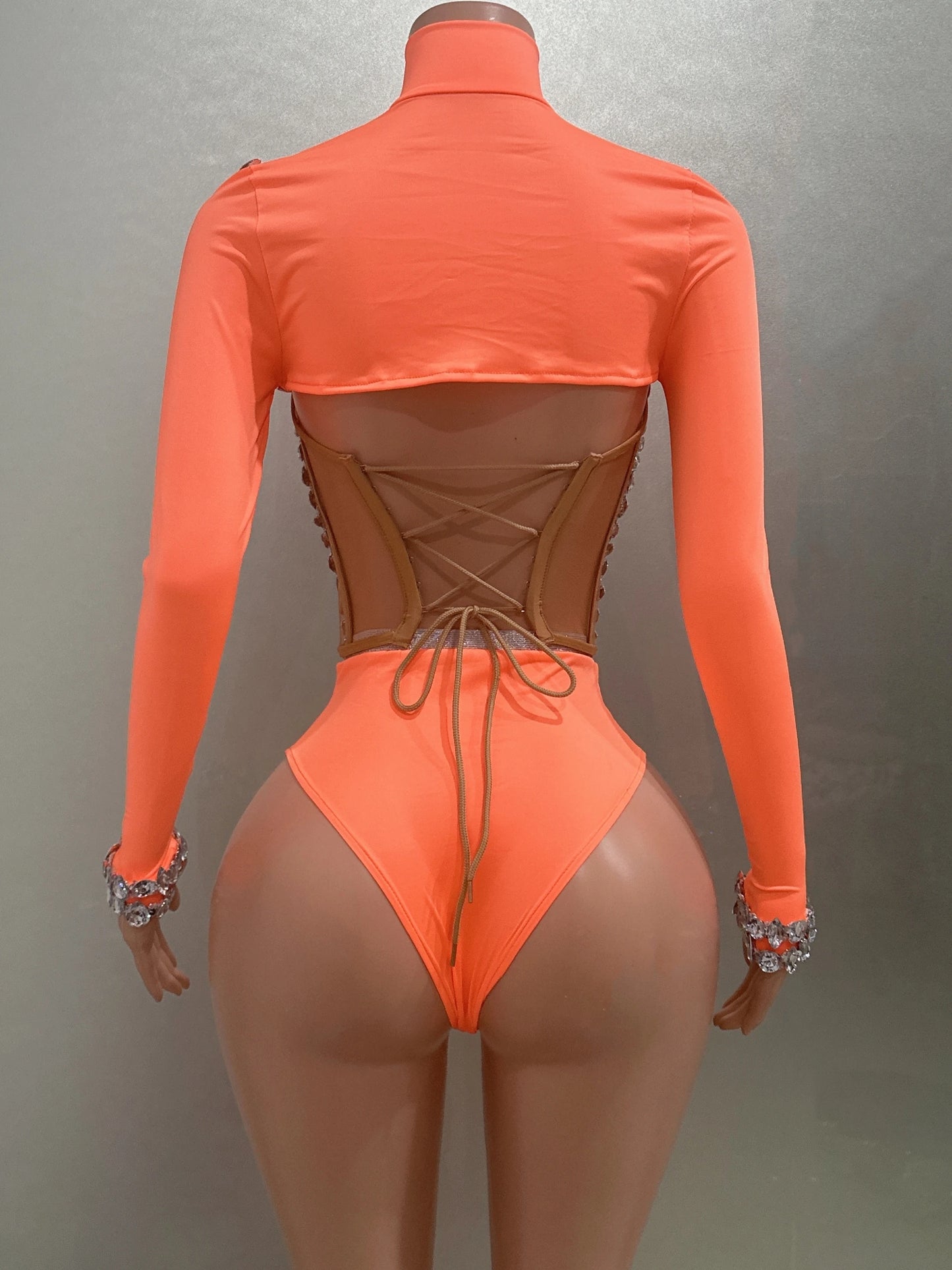 Sexy See-Through Strapless Rhinestone Tops Zipper Jacket High-waisted Shorts 3-Pieces Sets Party Nightclub Perfprmance Costume
