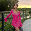 Ruffled Lace-Up White Mini Dress Women's V-Neck Patchwork Long Sleeve Sexy Slim Dress Bandage Elegant Female Summer Dress