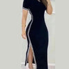 Women Sport Solid Dress Short Sleeved Round Neck Side Split Long Dresses Slim Fit High Waist Casual Ladies 2023 Autumn