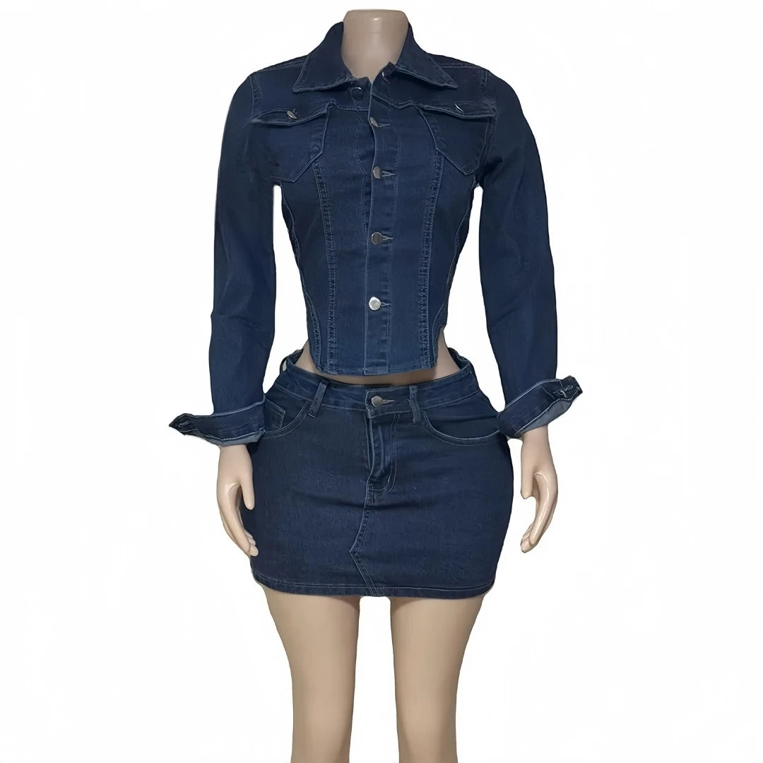 FAGADOER Fashion Denim Two Piece Set For Women Buttons Pocket Irregular Patchwork Crop Jacket + Skirt Female Streetwear Clothing