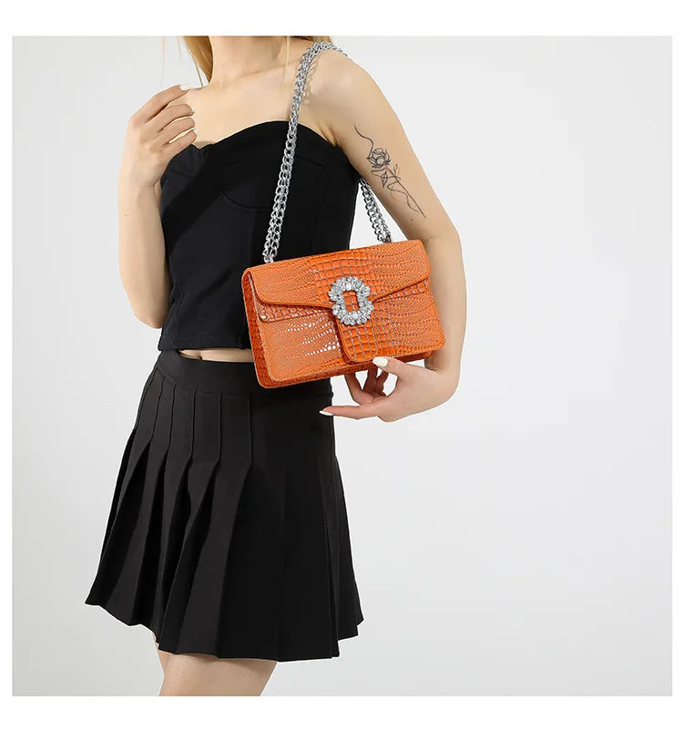 Crocodile Embossed Shoulder Bags For Women Flap PU Leather Fashion Rhinestone Decor Small Square Crossbody Bag Designer Handbag
