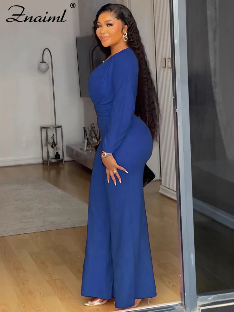 Znaiml Women O Neck Long Sleeve Straight Wide Leg Pants Rompers Office Lady Jumpsuits Pink Loose One Piece Overalls Streetwear