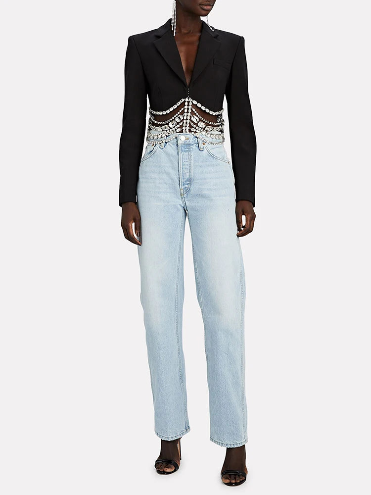TWOTWINSTYLE Solid Casual Patchwork Diamonds Chain Slim Blazer For Women Notched Collar Long Sleeve Temperament Blazers Female