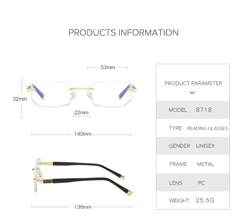 Men Blue Light Blocking Reading Glasses Women Dimond Cutting Rimless Eyeglasses Frame Anti Fatigue Hyperopia Presbyopic Eyewear