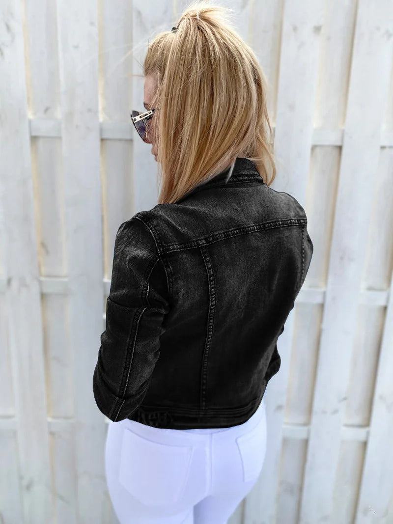 Women Jean Jacket Casual Slim 2025 Spring Autumn Solid Long Sleeve Turndown Collar Cowboy Coat Fashion Denim Jacket Plus Size