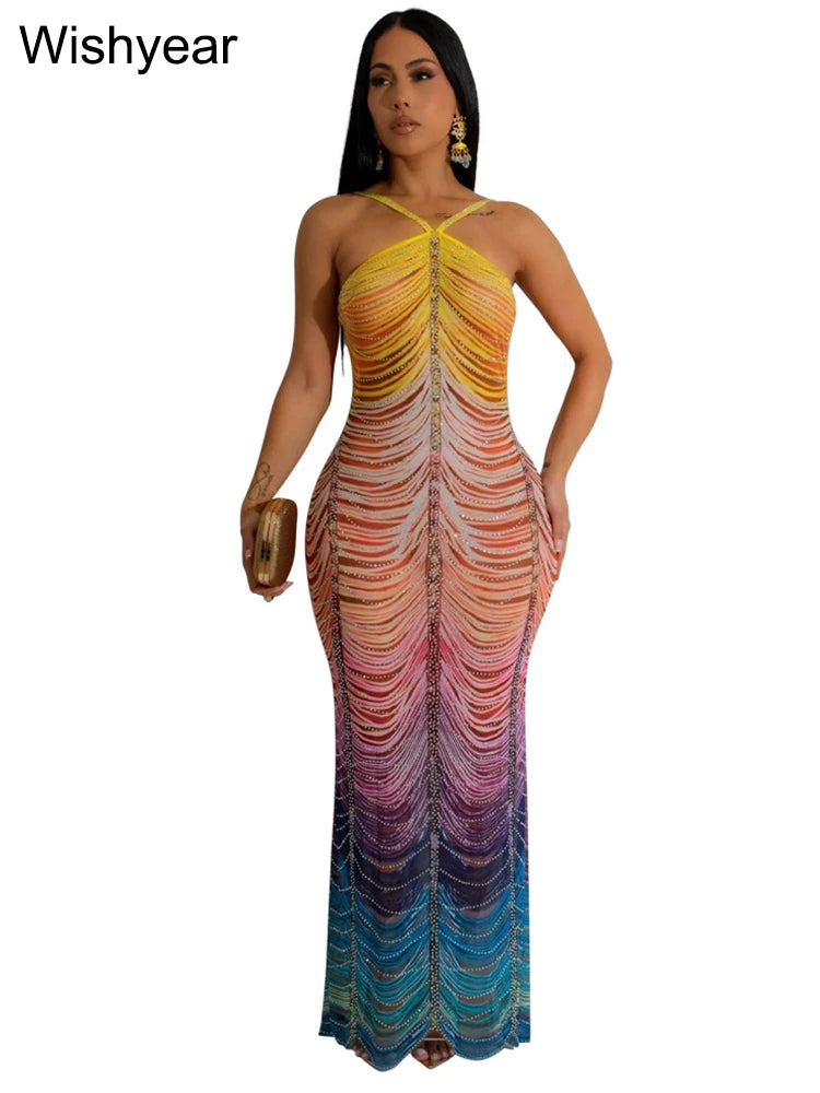 New Gradient Rhinestone Tie Dye Print Halter Mermaid Long Dresses Women Backless Sleeveless Slim Birthday Party Prom Vestidos