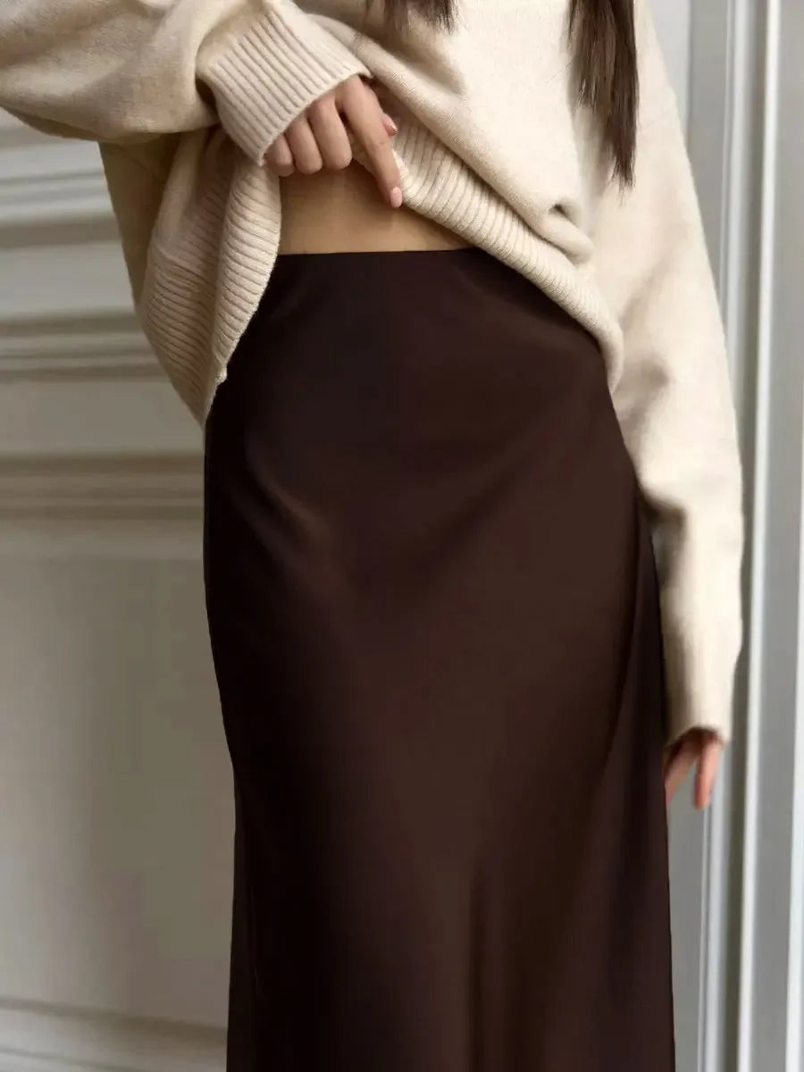 Wolfeel Casual Satin Women'S Skirt Spring Summer Fashion Loose High Waist Maxi Skirts Elegant Simple Slik Fishtail Skirt