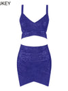BEAUKEY Quality 2 Piece Set Shinny Metallic Rose Gold Bodycon Top & Skirt  New Mini Short Sexy Party Night Club Set