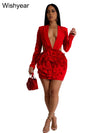 New Sexy Deep V Ruffle 3D Rose Floral White Mini Dresses Woman Long Sleeve Slim Bodycon Vestidos Elegant Birthday Prom Clubwear