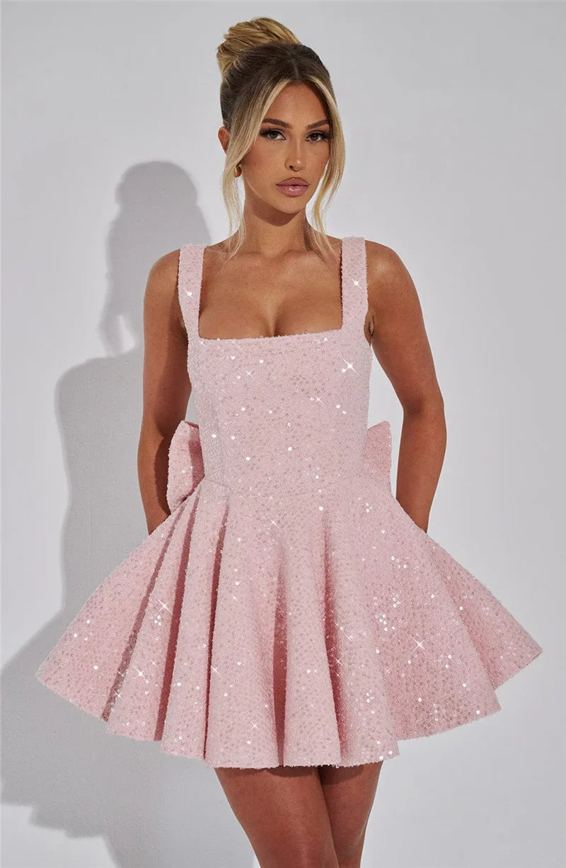 Mozision Sequins Bow Backless Sexy Mini Dress For Women Robe Fashion Square Collar Sleeveless High Waist A-line Club Dress