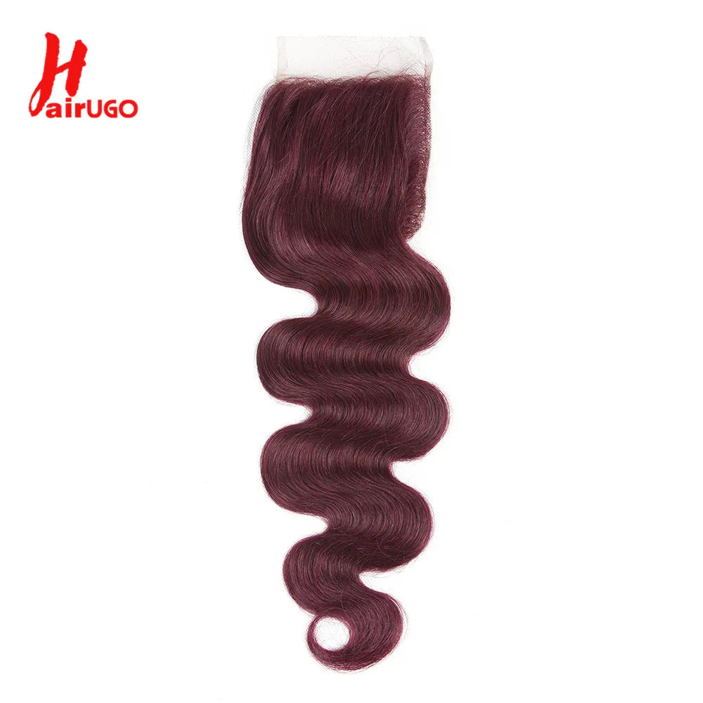 HairUGo Brazilian 99J 4x4 Straight Hair Closure 4*4 Lace Closure 10''-20'' 100% Human Hair Lace Closure With Baby Hair Remy Hair