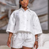 CM.YAYA Fashion Beading Women's Set 3/4 Sleeve Shirt Tops and Shorts Sets 2025 Summer Street Two 2 Piece Sets Outfits Tracksuit