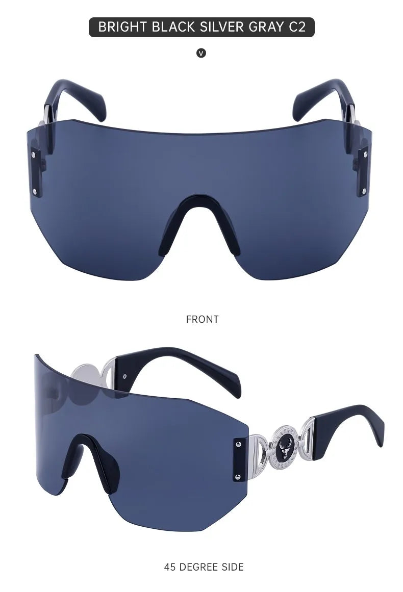 Oversized Shield Rimless Punk Sunglasses Women 2024 Luxury Brand Fashion Winged Sun Glasses For Ladies Shades Eyewear UV400