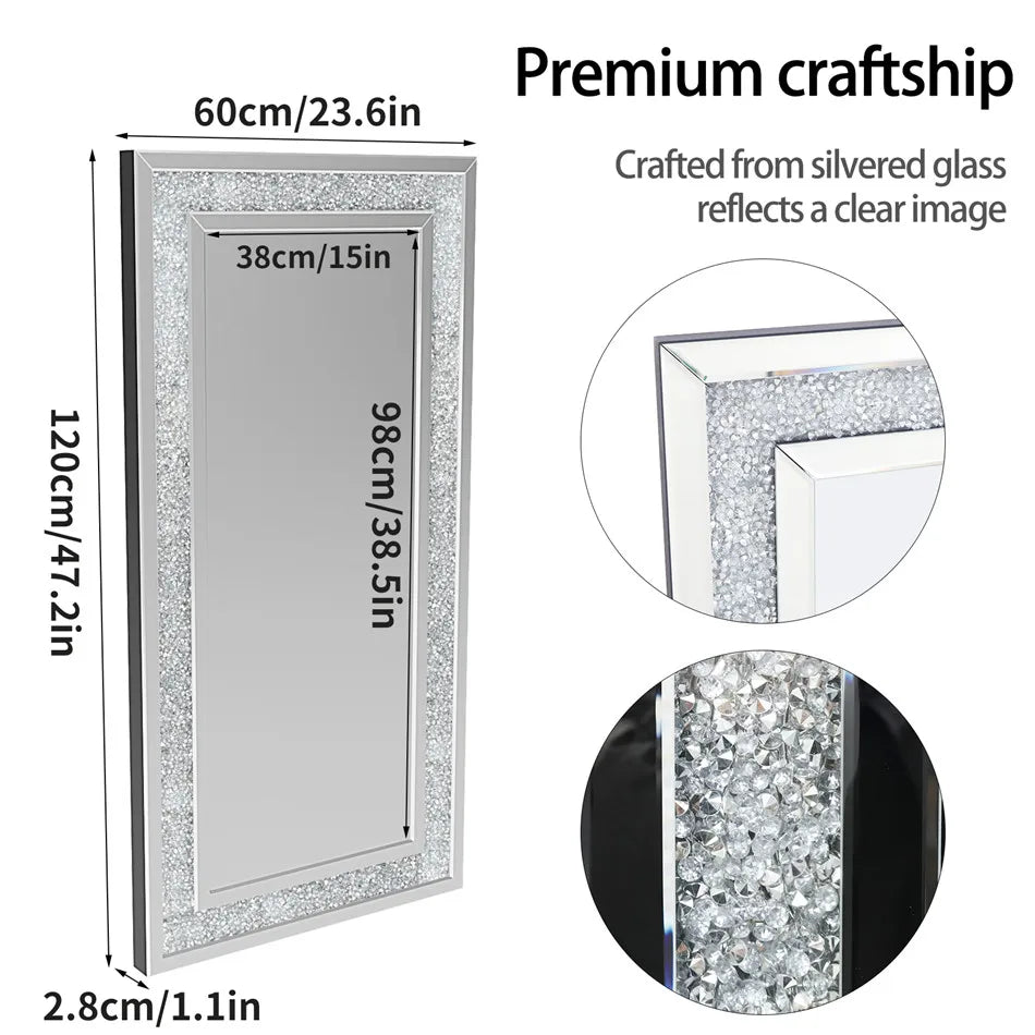 LUVODI Large Silver Sparkly Crystal Rhinestone Diamond Frameless Vanity Mirrors Wall Mounted Dressing Mirror for Home/Hotel