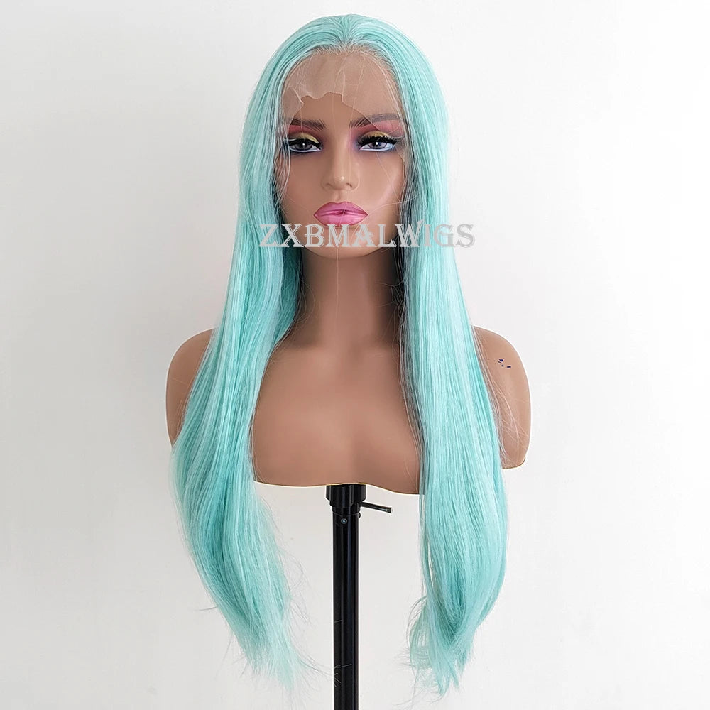 Ombre Blue Blonde Preplucked Long Lace Front Wig Straight 180%Density Hairline Glueless For Women Synthetic Fiber