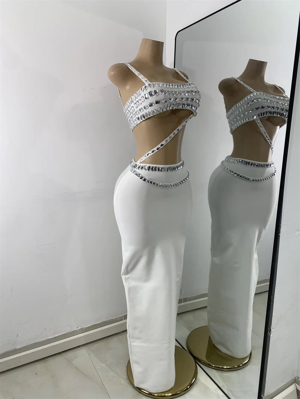 Luxury Crystal Diamonds Top Skirt Two Pieces Women's Bandage Sets White Black Knitted Celebrity Evening Birthday Party Outfit