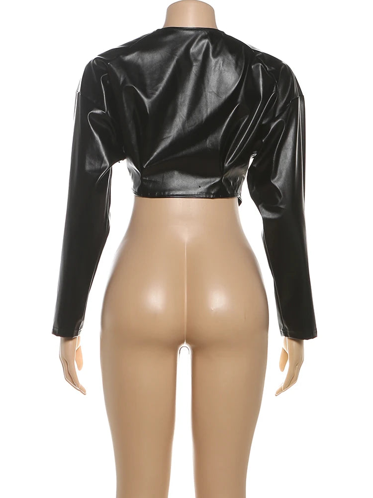 Sisterlinda Faux Leather Single Button Crop Jacket Women Autumn Trend Cross Neck Full Sleeve Wild Style Classic Streetwear Coat