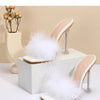 Women Rabbit White Fur Clear PVC Slippers Square Toe Stilettos Slides Transparent Crystal High Heels Sandals Mules Glass Heels