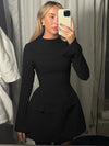 Hugcitar 2024 Spring O Neck Long Sleeve Solid Patchwork Zip Up Sexy Bodycon Mini Dress Women Fashion Outfits Birthday Party Y2K