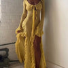 Summer slim-fitting see-through sexy hot girl dress elegant solid color V-neck strappy long sleeves ruffled slit long skirt
