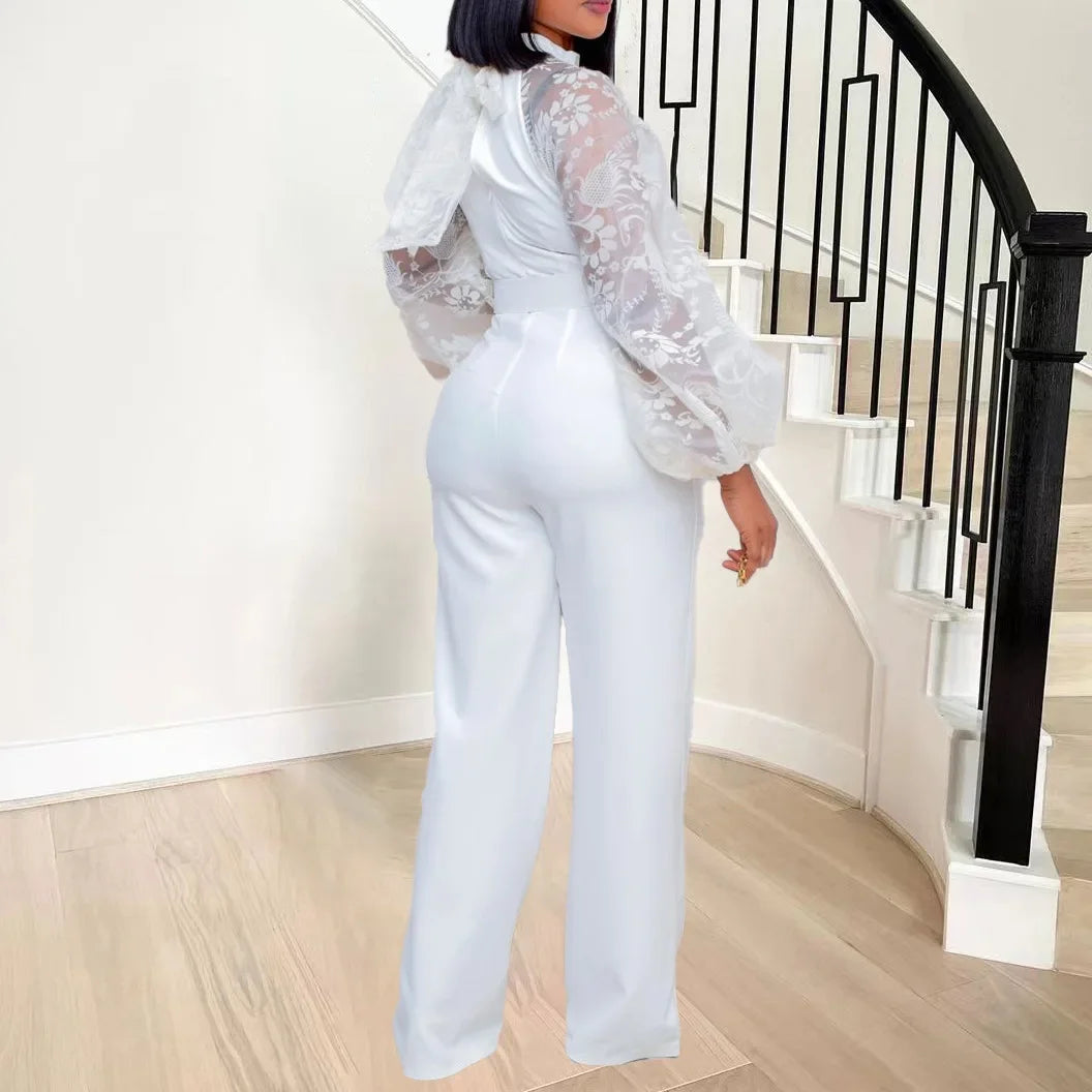 Mesh Jumpsuit Women White Overalls Party Lace Rompers New In Bodysuit One Piece Long Sleeve Summer Long Pants Y2k Spring Work