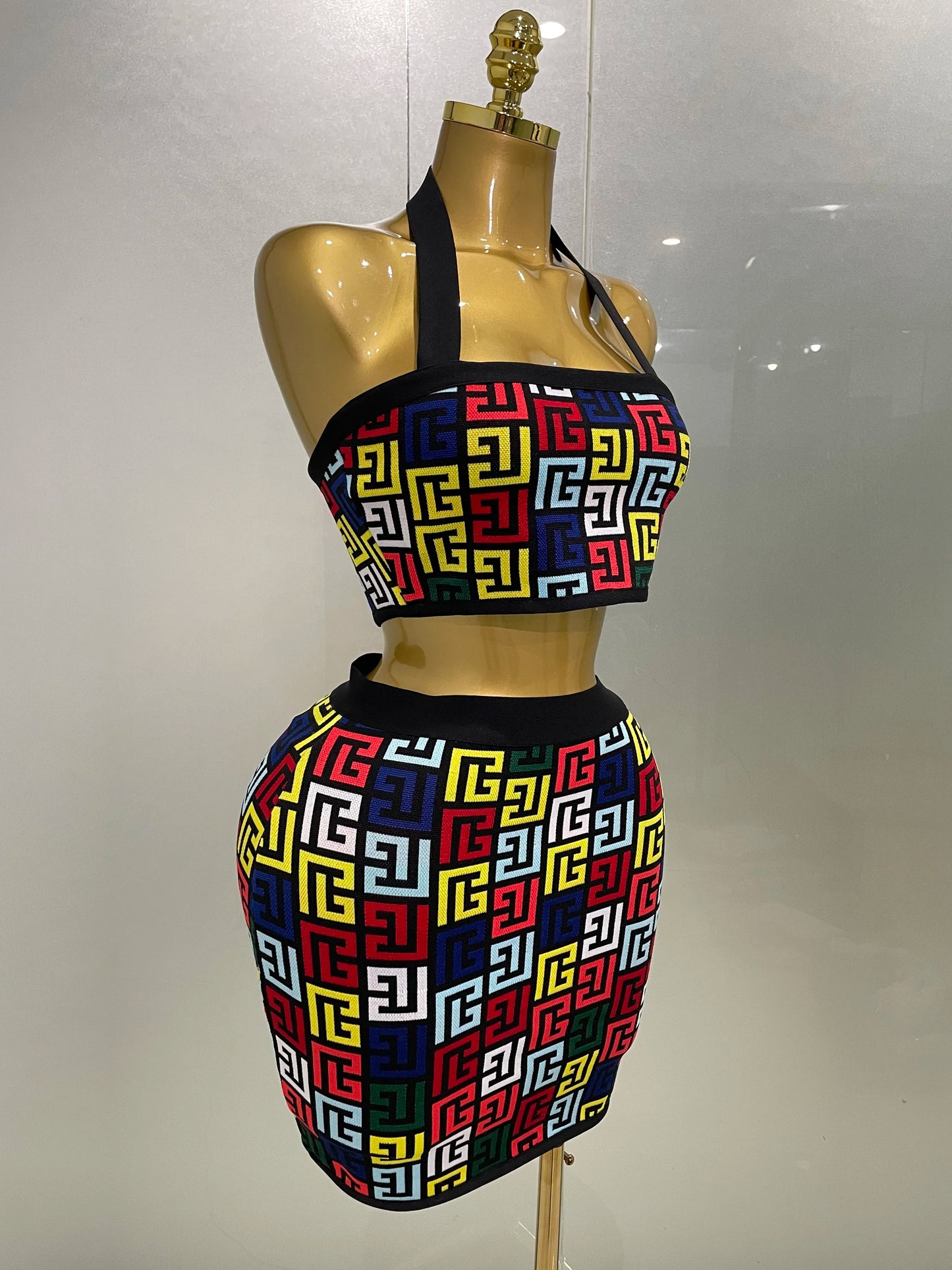 Women 2025 New Sexy Backless Halter Jacquard Two Piece Mini Skirt Bandage Set Celebrity Designer Evening Party Women's Set