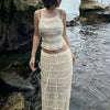 Weird Puss Mesh Backless 2 Piece Set Women Halter Lace-Up See Through Crop Tops+Loose Elegant Long Skirts Vacation Trend Outfits