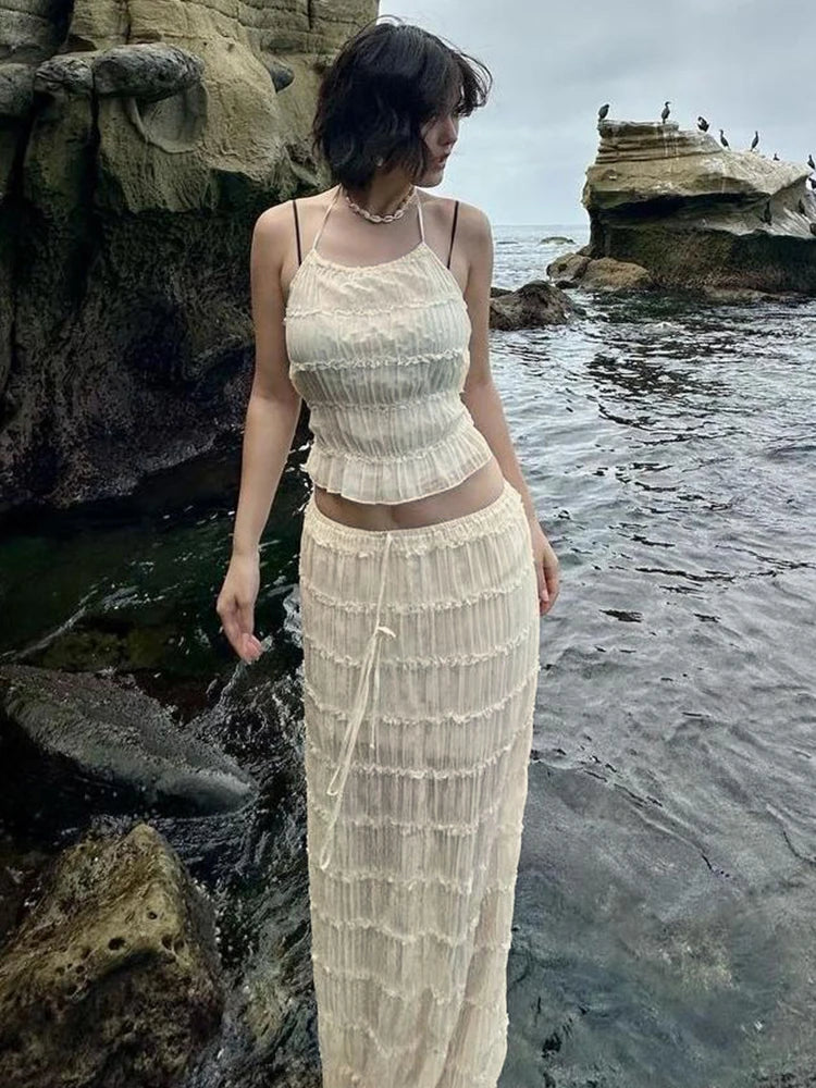 Weird Puss Mesh Backless 2 Piece Set Women Halter Lace-Up See Through Crop Tops+Loose Elegant Long Skirts Vacation Trend Outfits
