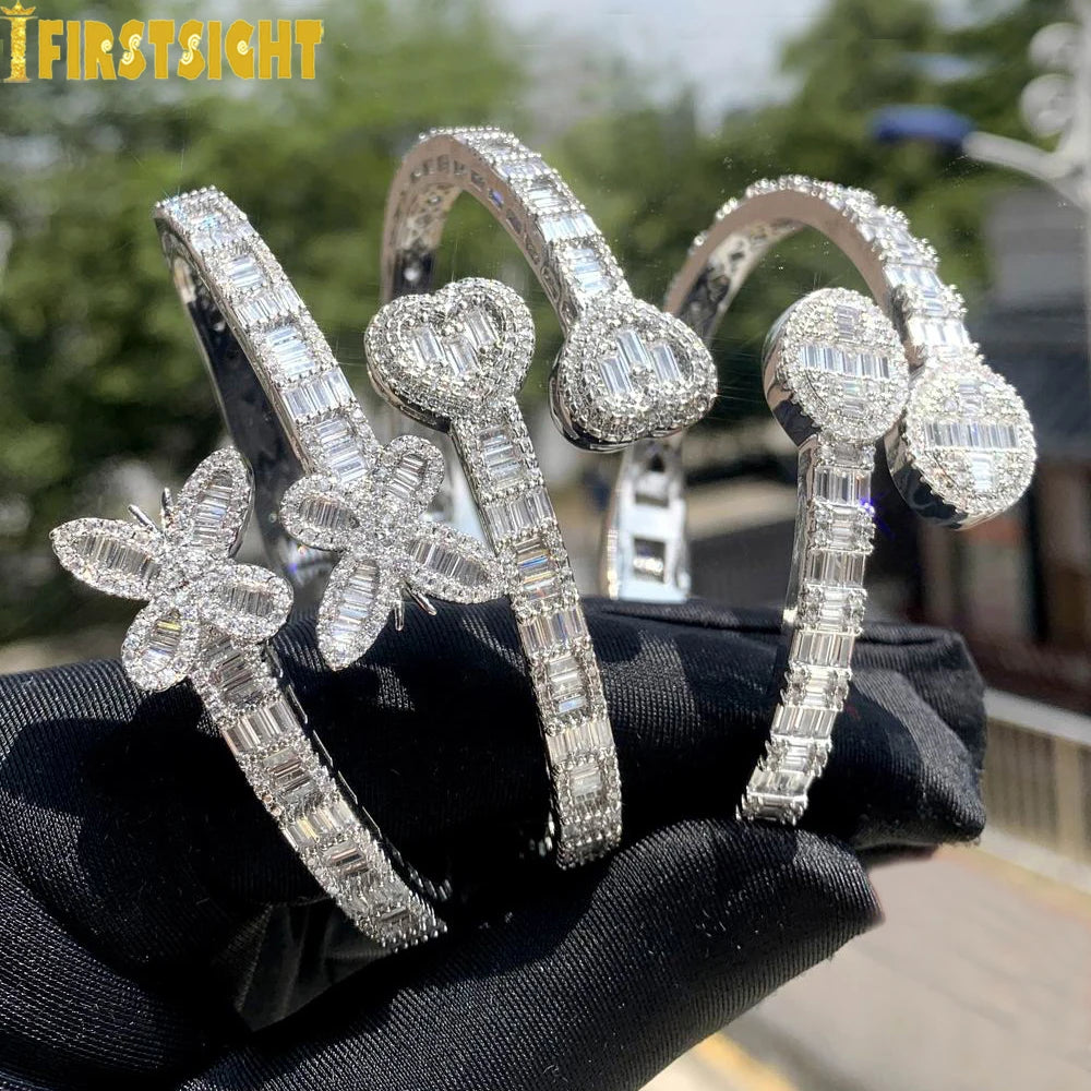 New Iced Out Bling Butterfly Heart Bracelet Silver Color CZ  Zircon Oval Charm Opened Bangle For Men Women Hiphop Luxury Jewelry