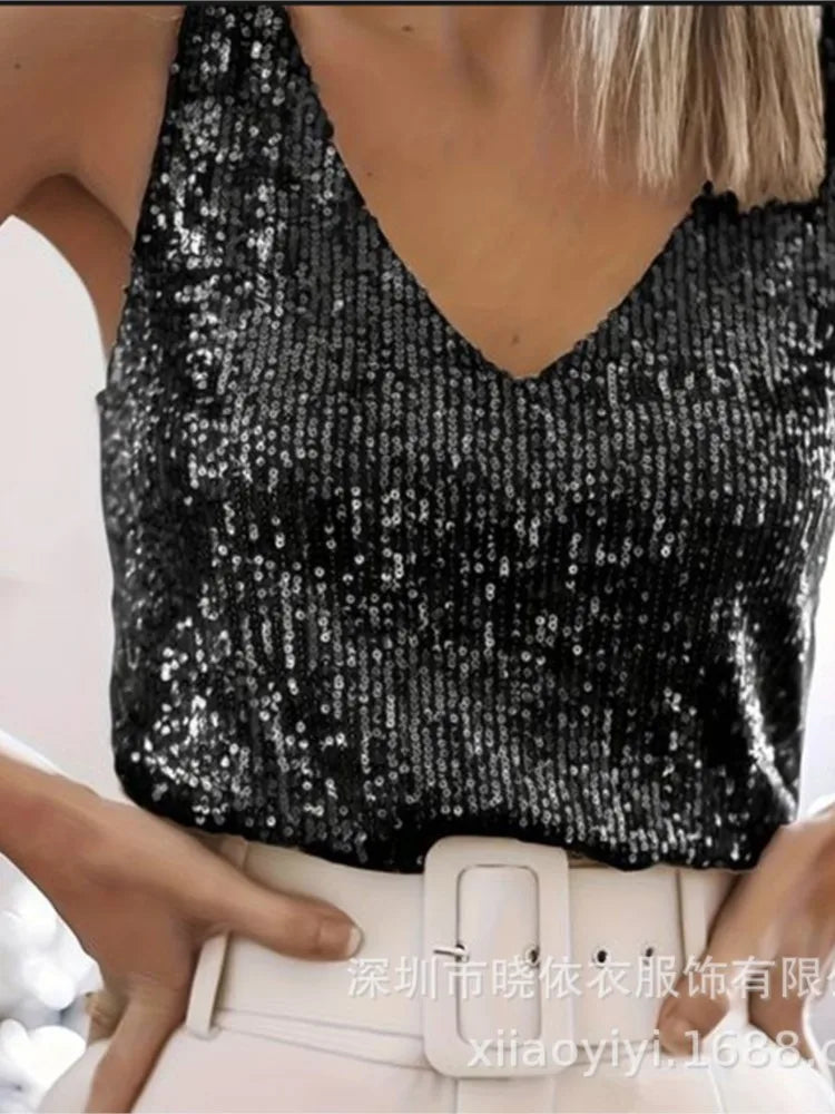 Women's Summer New Item Solid Color Fashion Sequin Light Mature Sexy V-neck Sleeveless Camisole Vest Pullover Top