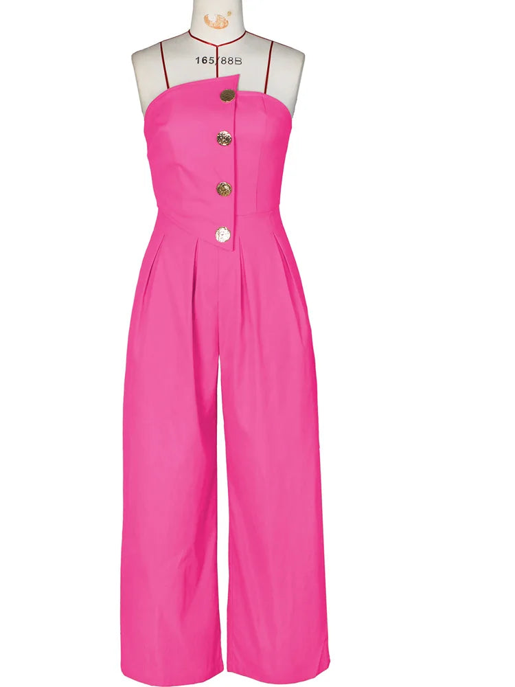 Beyprern New Chic Button Details Palazzo Jumpsuit One Piece Outfits Womens Ruched Strapless Wide Legs Jumpsuits Romper Clubwear