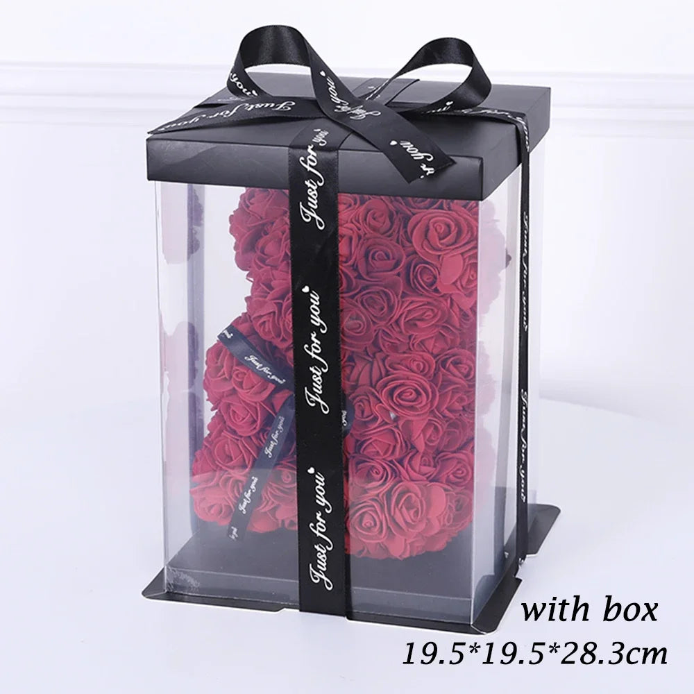 25cm Artificial Teddy Rose Flower Bear with Box Romantic Valentines Day Gift Girlfriend Women Mother Birthday Wedding Party Deco