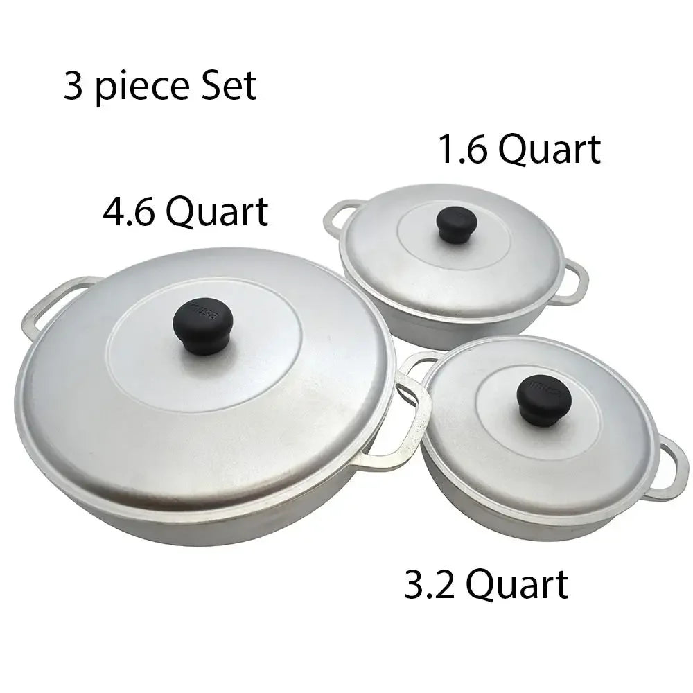 Colombian Cast Aluminum Caldero Set with Lid Rice Beans Meat Stews 3-Piece Traditional Design Seasoned Finish Oven Safe Variety