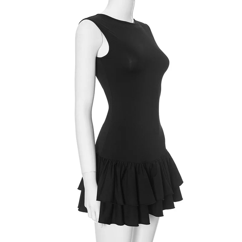 Women's Solid Pleated Short Dress Sleeveless O-neck Fashion Elegant Simple Mini Bodycon Dresses Slim Street Casual Party Holiday