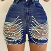 Denim Shorts Women Summer New High-waisted and Thin Handmade Bead Chain Ripped Hot Pants for Women