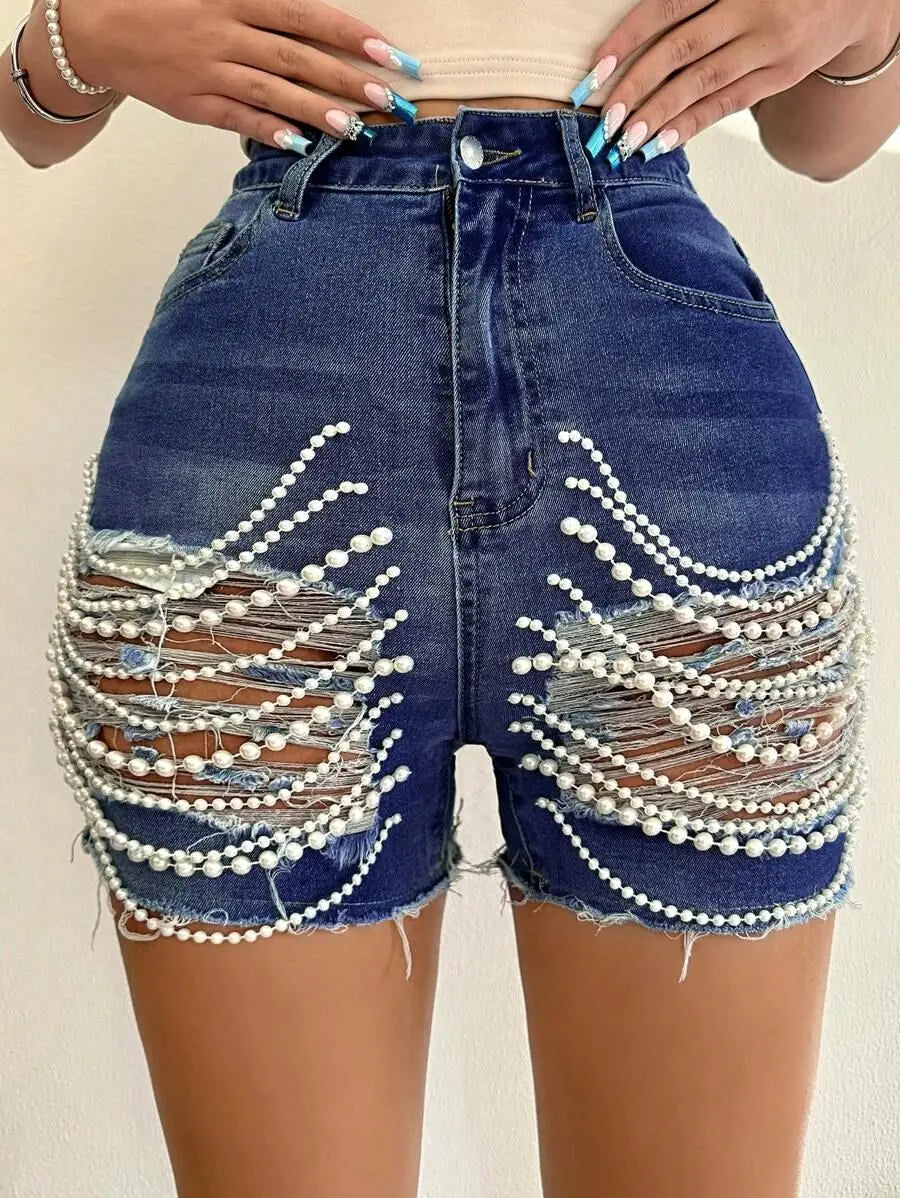 Denim Shorts Women Summer New High-waisted and Thin Handmade Bead Chain Ripped Hot Pants for Women