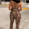 HLJ Sexy Striped Print Tassel Patchwork Bodycon Jumpsuit Women Halter Backless Skinny Rompers Female Party Clubwear Overalls New