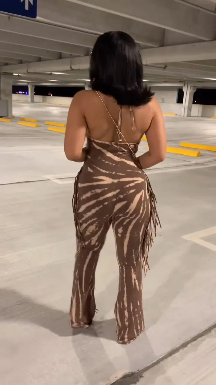 HLJ Sexy Striped Print Tassel Patchwork Bodycon Jumpsuit Women Halter Backless Skinny Rompers Female Party Clubwear Overalls New