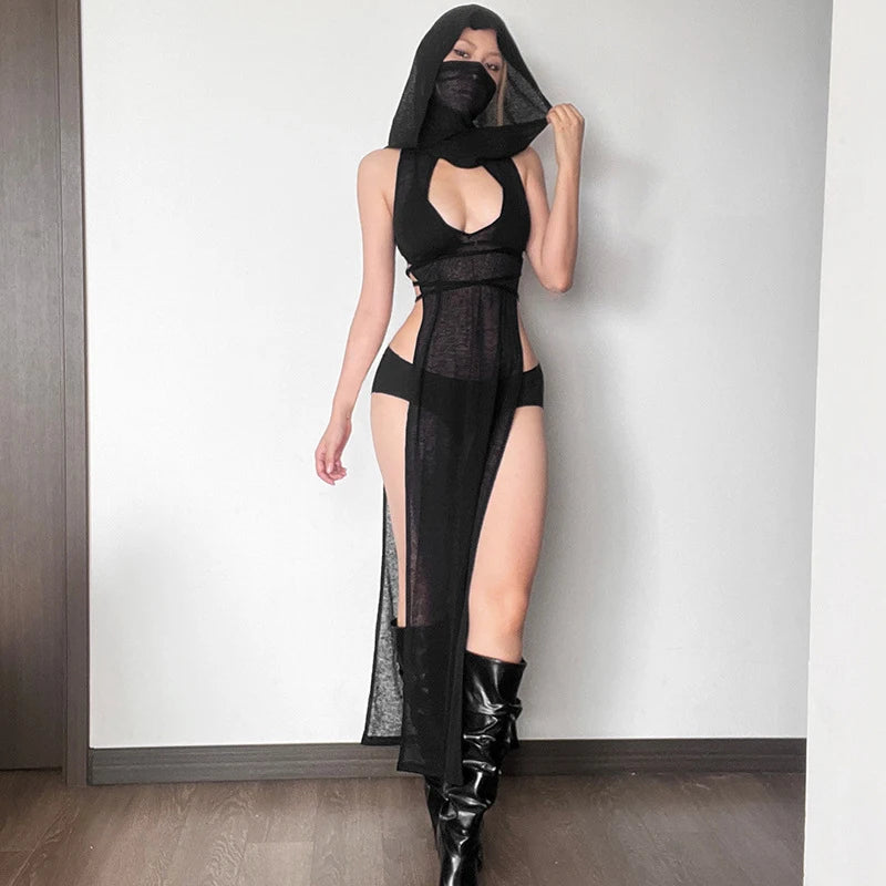 OMSJ Women Gothic 2024 Black Hooded Knitted High Split Long Dress Hollow Sexy See-through Straight Dress Festival Rave Club Wear