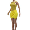 Kricesseen Yellow Sequins Patchwork Irregular Ruched Bodycon Birthday Dresses For Women O-Neck Sequins Night Out Dress Clubwear