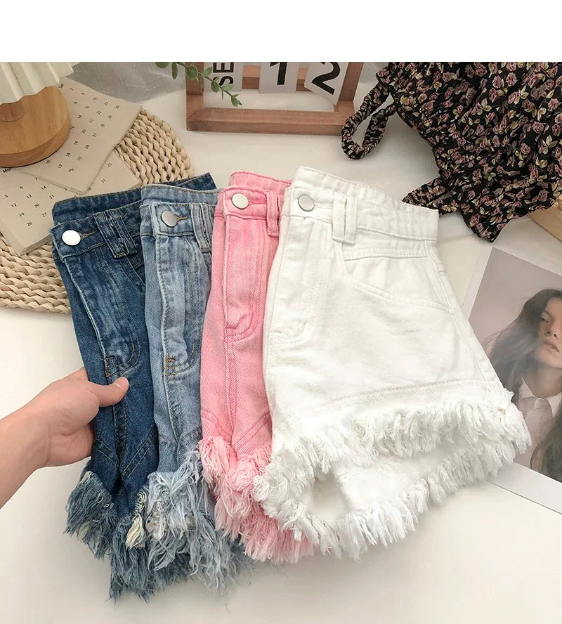 ITOOLIN Women Vintage Tassels Denim Shorts Button Loose High Waist A-line Jean Shorts Casual Women Office Trousers Streetwear